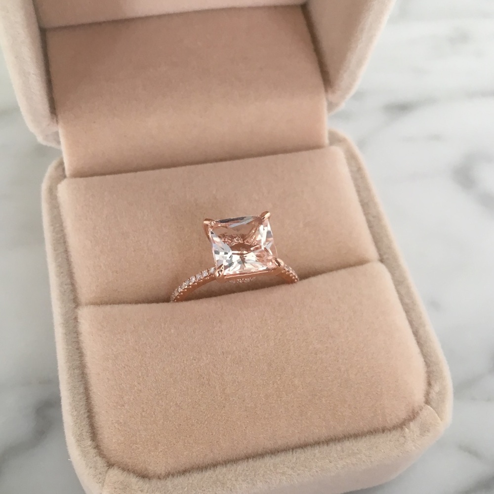 8mm Princess Cut Morganite Engagement Ring 14k Rose Gold Band w/ Diamond Accents